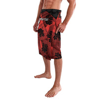 Men's rugby-style shorts in red with black geometric print, elastic waist, 'YOUR TEXT'