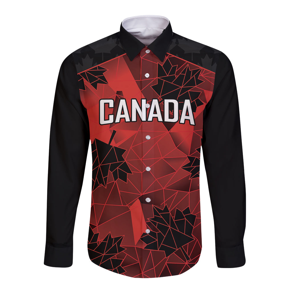 Black long-sleeve rugby button shirt, red geometric Canada graphic