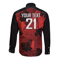 Black long-sleeve rugby button shirt, red geometric back text 21