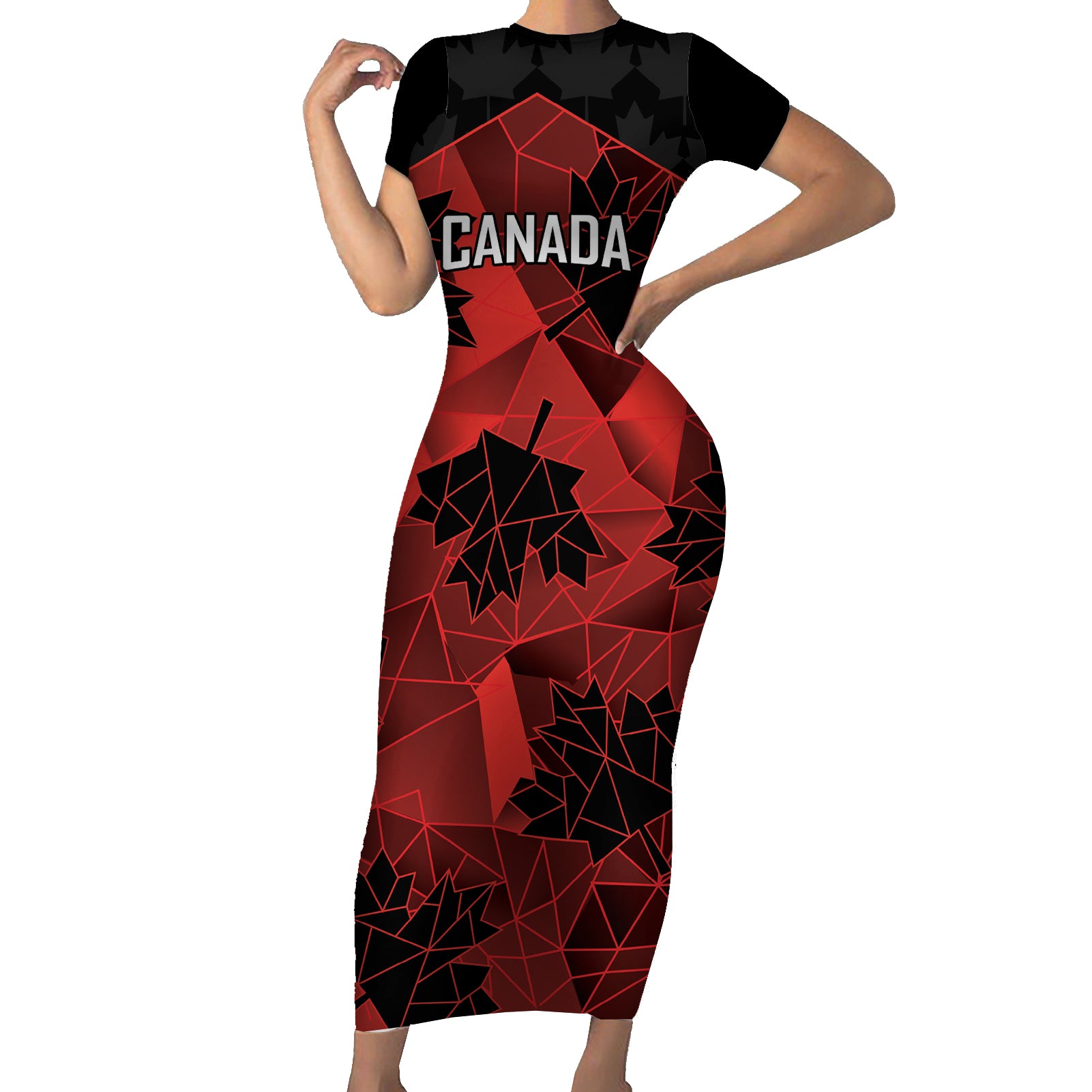 Custom Canada Rugby Short Sleeve Bodycon Dress Maple Leaf With Sporty Style