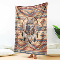Tribal wolf dreamcatcher throw blanket, beige with multicolor geometric pattern