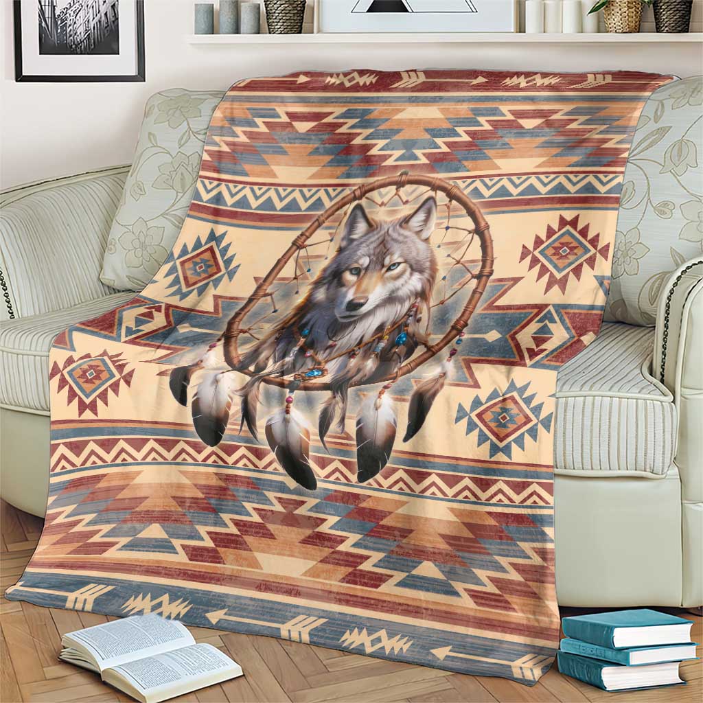 Geometric tribal throw blanket featuring a wolf inside a dreamcatcher circle