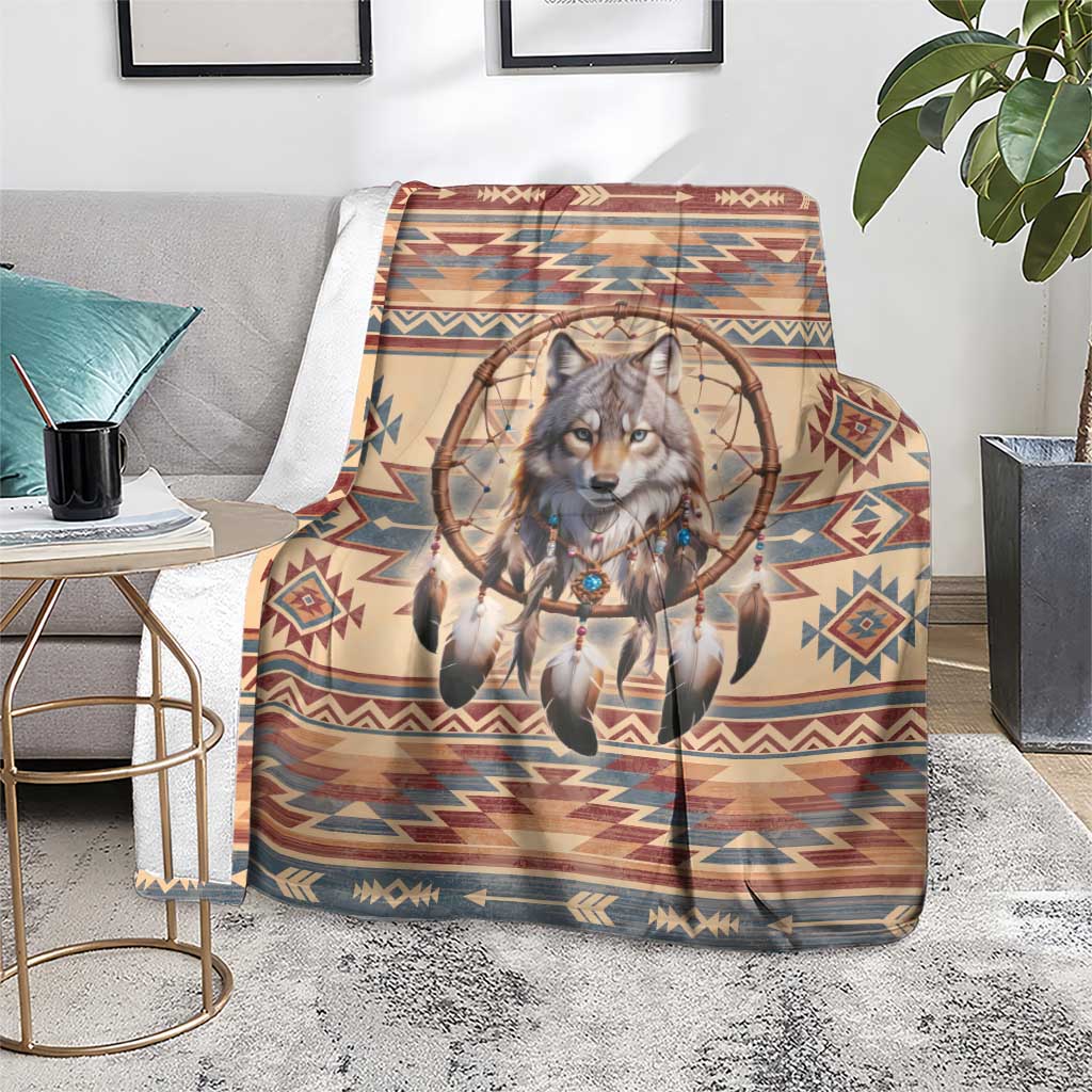 Wolf dreamcatcher throw blanket with Southwestern zigzag stripes and diamond accents