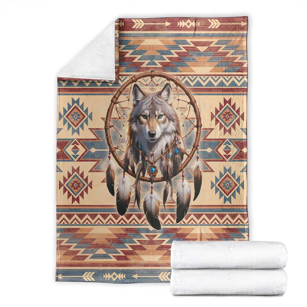 Folded throw blanket set with wolf dreamcatcher artwork and tribal geometric trim