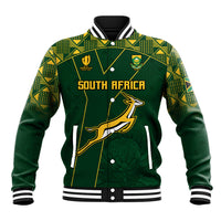 Green South Africa rugby baseball jacket, snap buttons, striped collar and springbok graphic