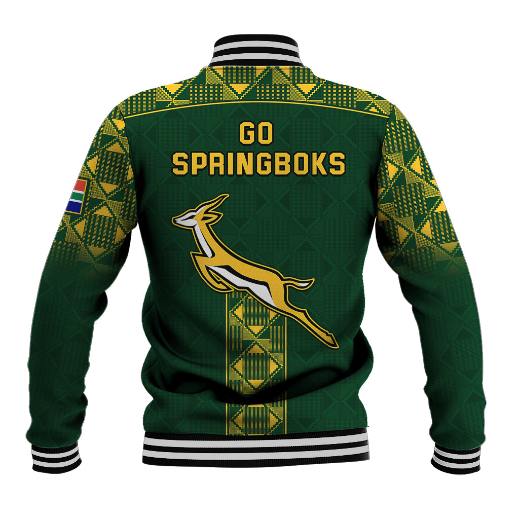 Green South Africa rugby baseball jacket, striped ribbed collar, Go Springboks back print