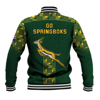 Green South Africa rugby baseball jacket, striped ribbed collar, Go Springboks back print