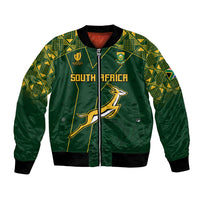 Green rugby bomber jacket with front zipper, South Africa crest and Springbok graphic