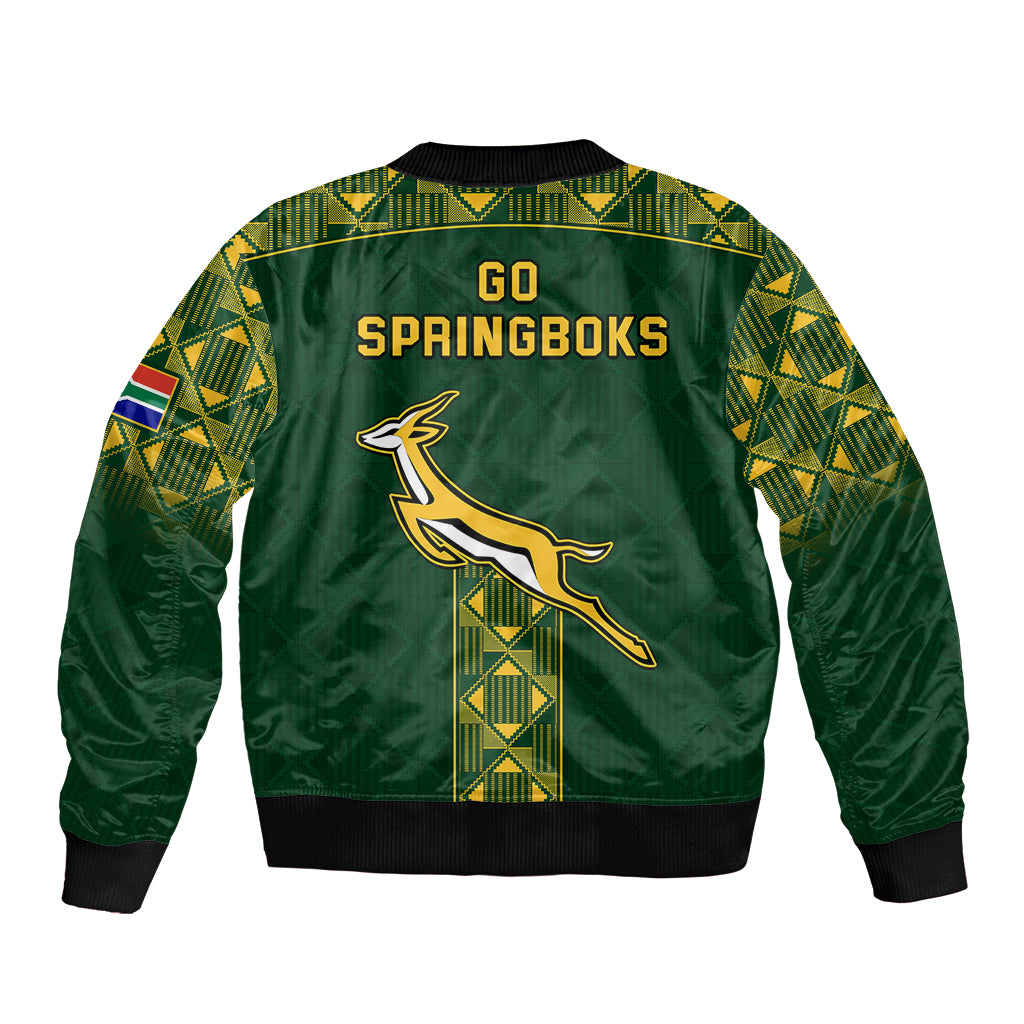 Green rugby bomber jacket back with Go Springboks text and Springbok silhouette logo