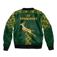 Green rugby bomber jacket back with Go Springboks text and Springbok silhouette logo