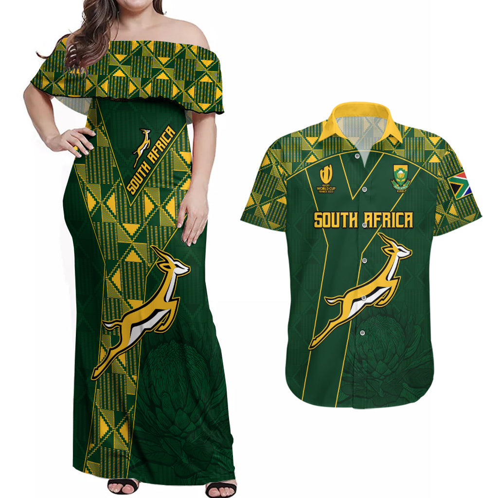 Springboks Rugby Couples Matching Off Shoulder Maxi Dress and Hawaiian Shirt South Africa Go Champions World Cup 2023 LT9 - Wonder Print Shop