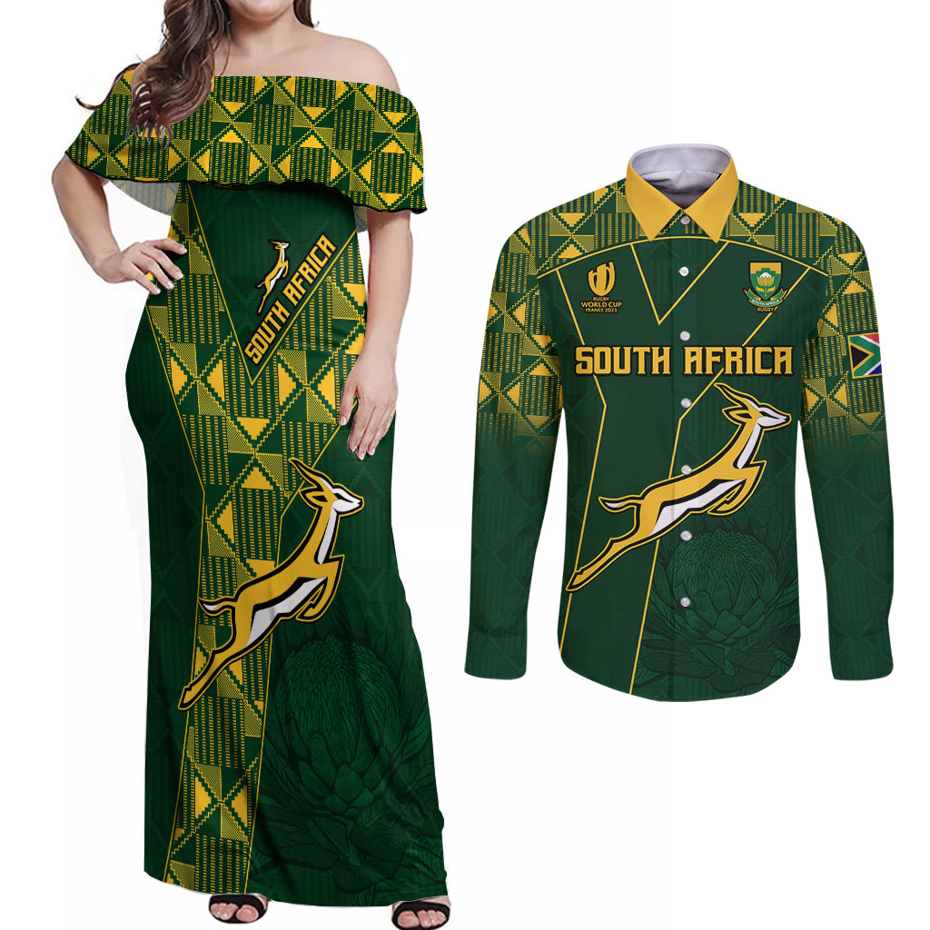 Springboks Rugby Couples Matching Off Shoulder Maxi Dress and Long Sleeve Button Shirts South Africa Go Champions World Cup 2023 LT9 - Wonder Print Shop