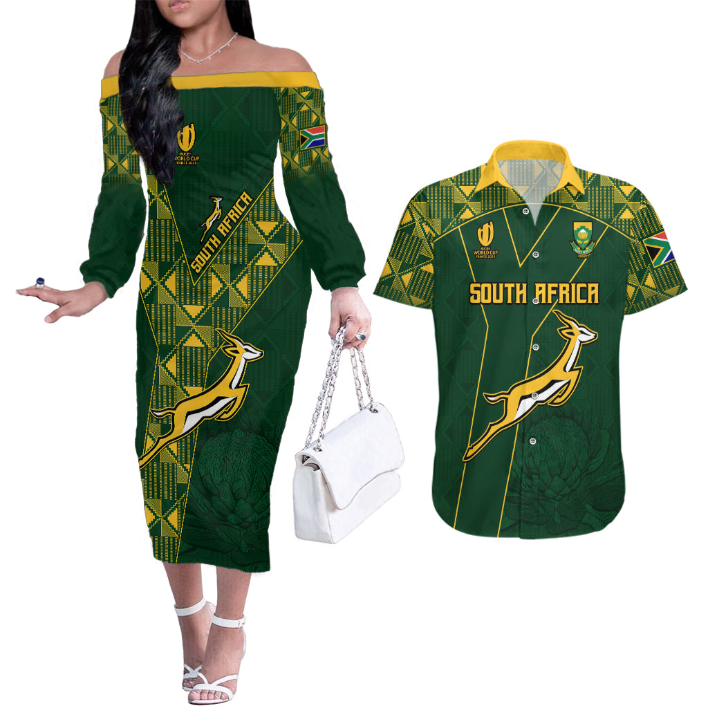 Springboks Rugby Couples Matching Off The Shoulder Long Sleeve Dress and Hawaiian Shirt South Africa Go Champions World Cup 2023 LT9 - Wonder Print Shop