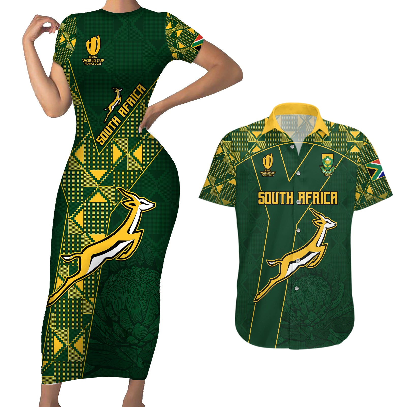 Springboks Rugby Couples Matching Short Sleeve Bodycon Dress and Hawaiian Shirt South Africa Go Champions World Cup 2023 LT9 - Wonder Print Shop