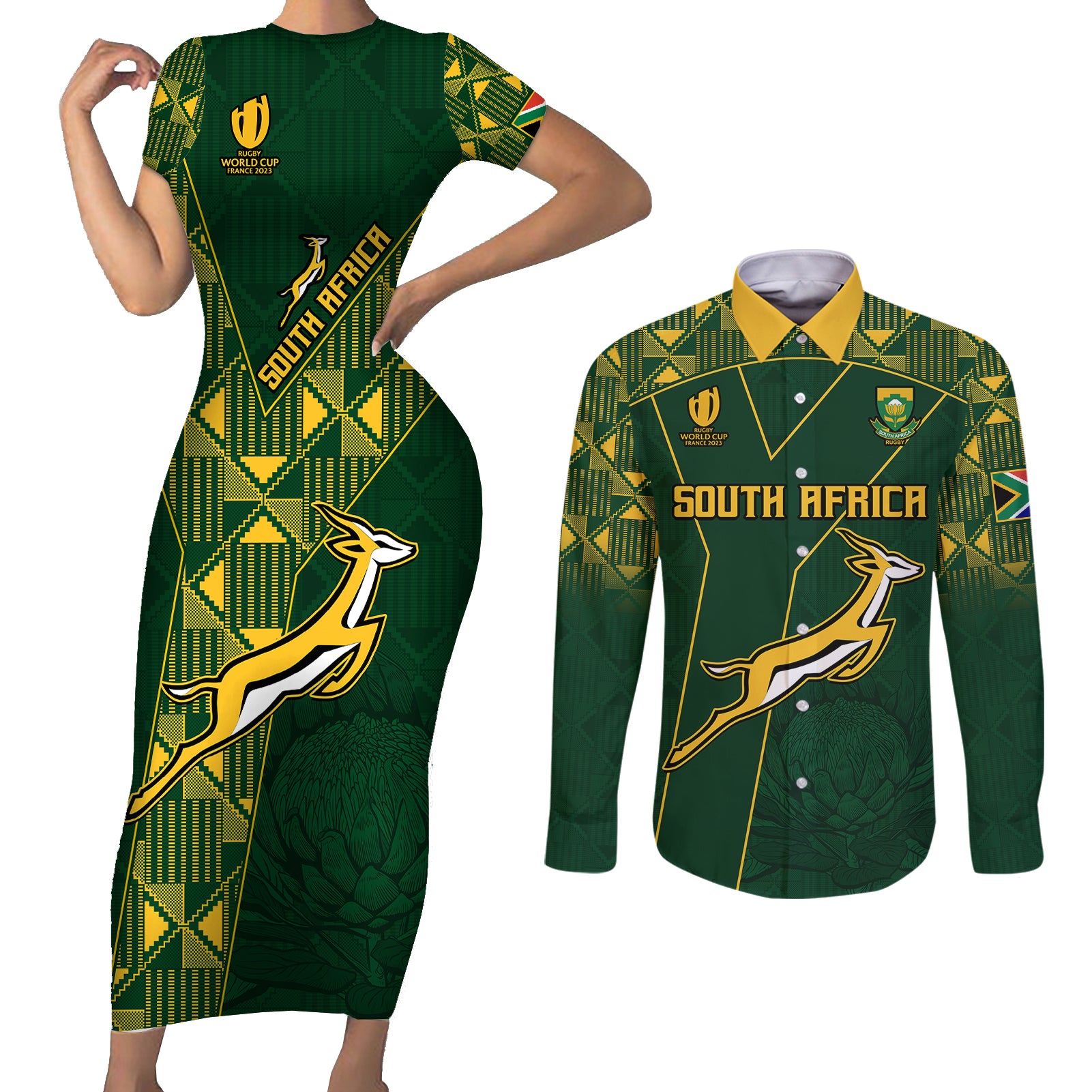 Springboks Rugby Couples Matching Short Sleeve Bodycon Dress and Long Sleeve Button Shirts South Africa Go Champions World Cup 2023 LT9 - Wonder Print Shop