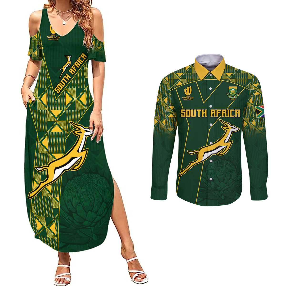 Springboks Rugby Couples Matching Summer Maxi Dress and Long Sleeve Button Shirts South Africa Go Champions World Cup 2023 LT9 - Wonder Print Shop