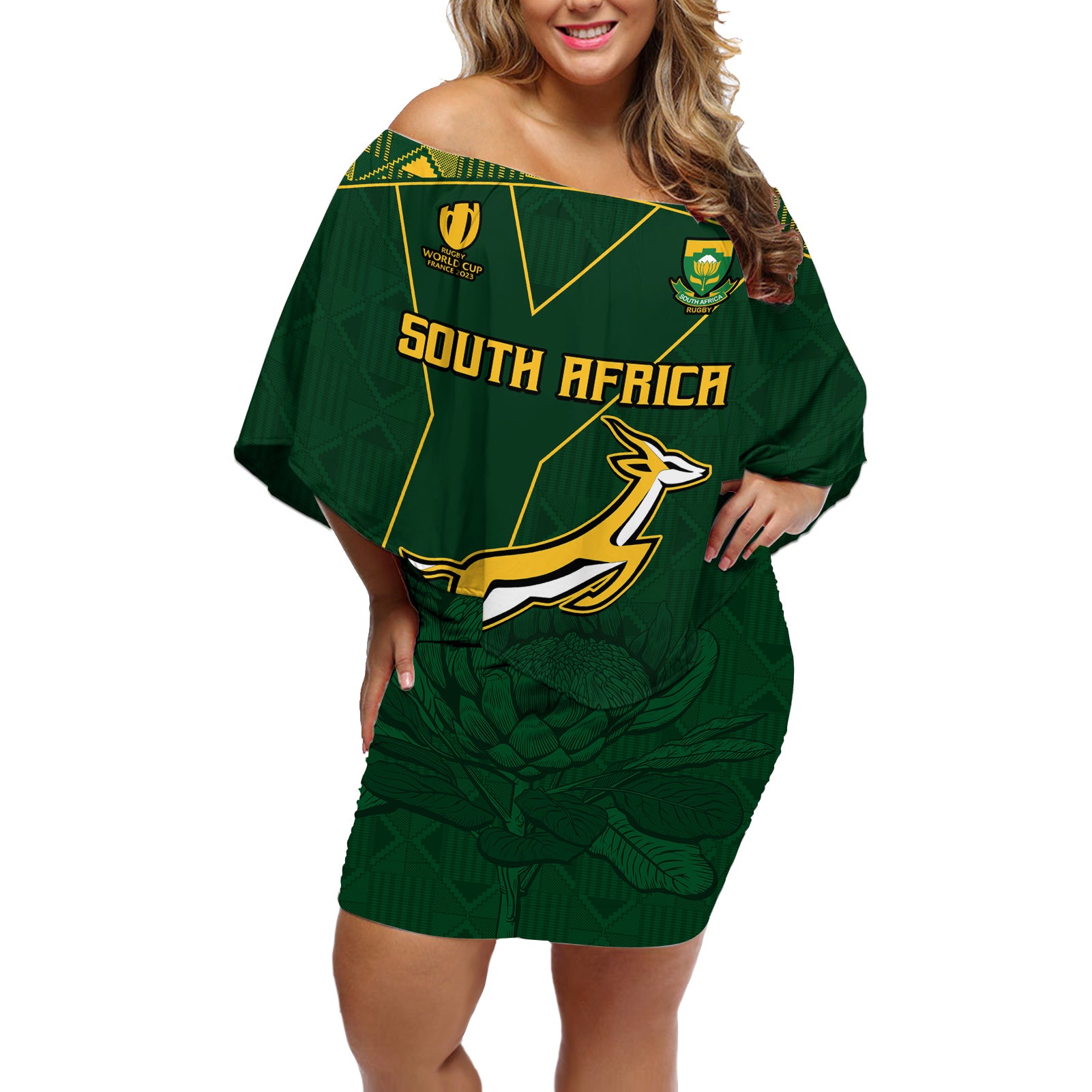 Springboks Rugby Off Shoulder Short Dress South Africa Go Champions World Cup 2023 - Wonder Print Shop