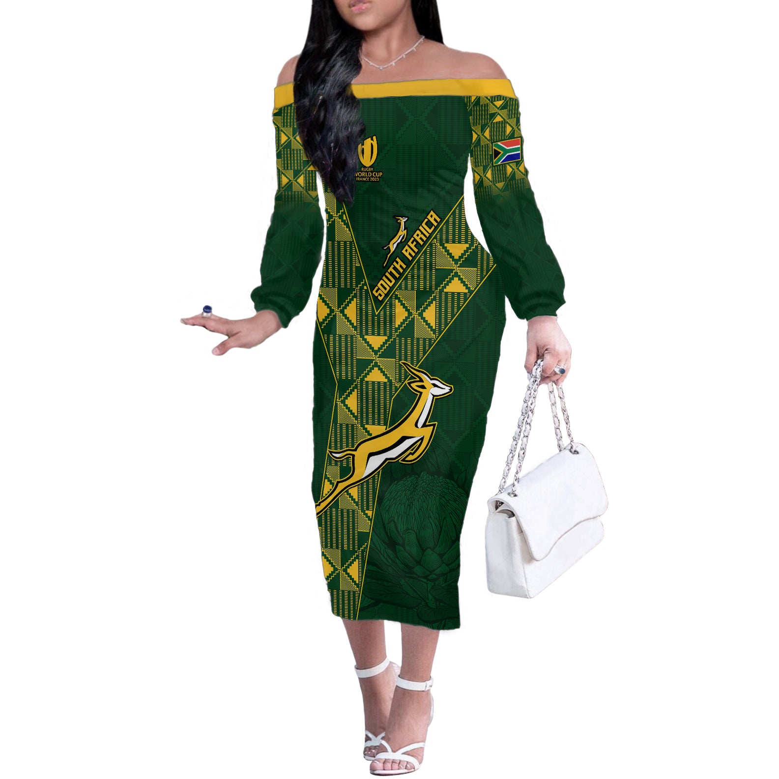 Springboks Rugby Off The Shoulder Long Sleeve Dress South Africa Go Champions World Cup 2023 - Wonder Print Shop