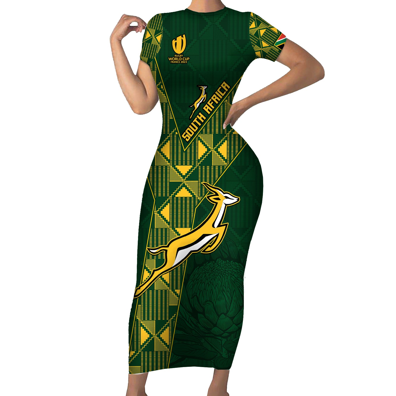 Springboks Rugby Short Sleeve Bodycon Dress South Africa Go Champions World Cup 2023 - Wonder Print Shop