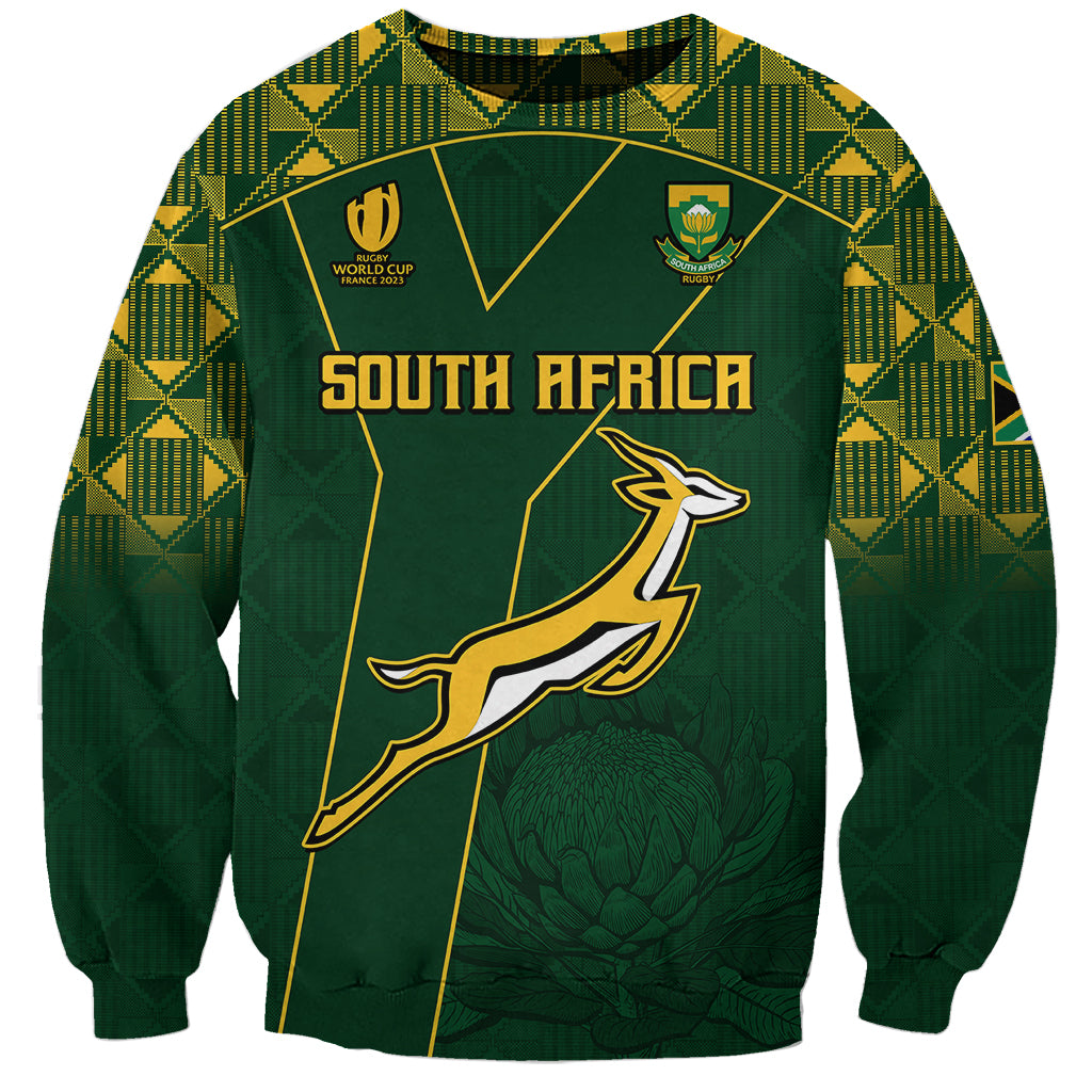 Green unisex rugby sweatshirt with South Africa print, springbok graphic, patterned front