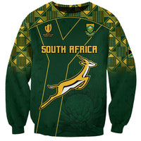Green unisex rugby sweatshirt with South Africa print, springbok graphic, patterned front