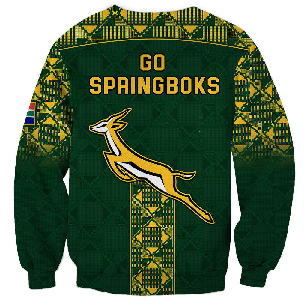 Green unisex rugby sweatshirt with Go Springboks text and springbok graphic, patterned back