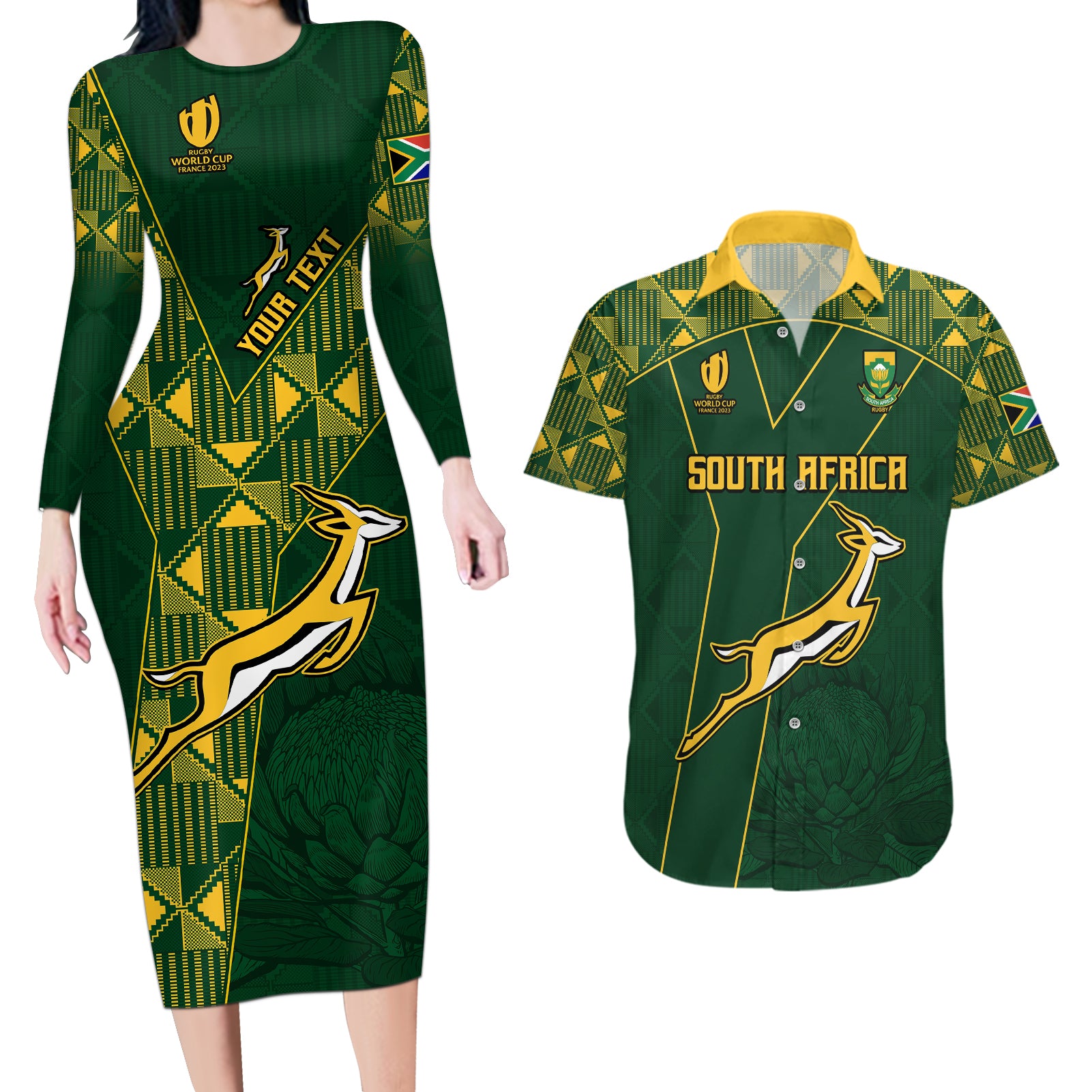 Custom Springboks Rugby Couples Matching Long Sleeve Bodycon Dress and Hawaiian Shirt South Africa Go Champions World Cup 2023 LT9 - Wonder Print Shop