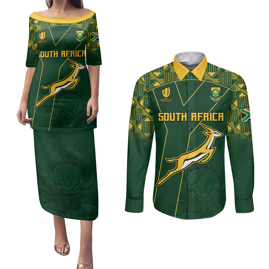 Custom Springboks Rugby Couples Matching Puletasi Dress and Long Sleeve Button Shirts South Africa Go Champions World Cup 2023 LT9 - Wonder Print Shop