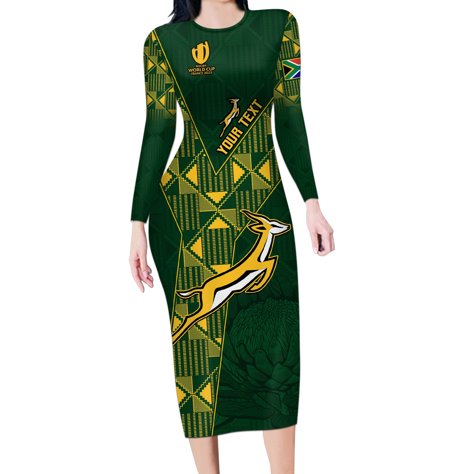 Custom Springboks Rugby Long Sleeve Bodycon Dress South Africa Go Champions World Cup 2023 - Wonder Print Shop