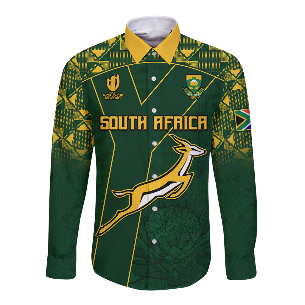 Green long-sleeve button rugby shirt with yellow collar, South Africa graphic and crest