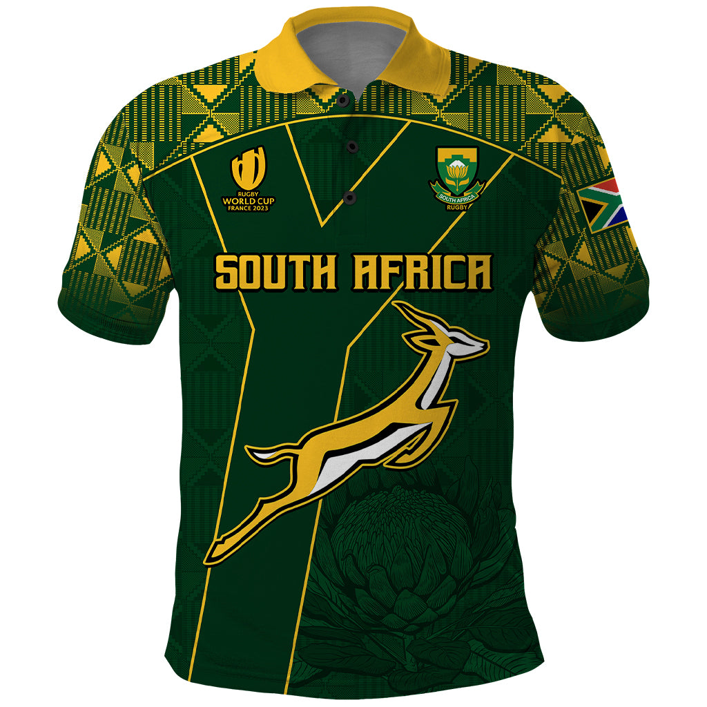 Dark green rugby polo shirt with yellow collar, South Africa graphic, crest, springbok