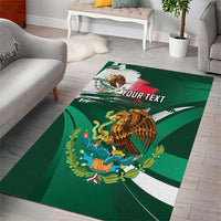 Green area rug with eagle artwork, red-white brushstroke band, and custom text