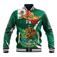 Green baseball varsity jacket with Hispanic Heritage graphic, striped rib cuffs and collar