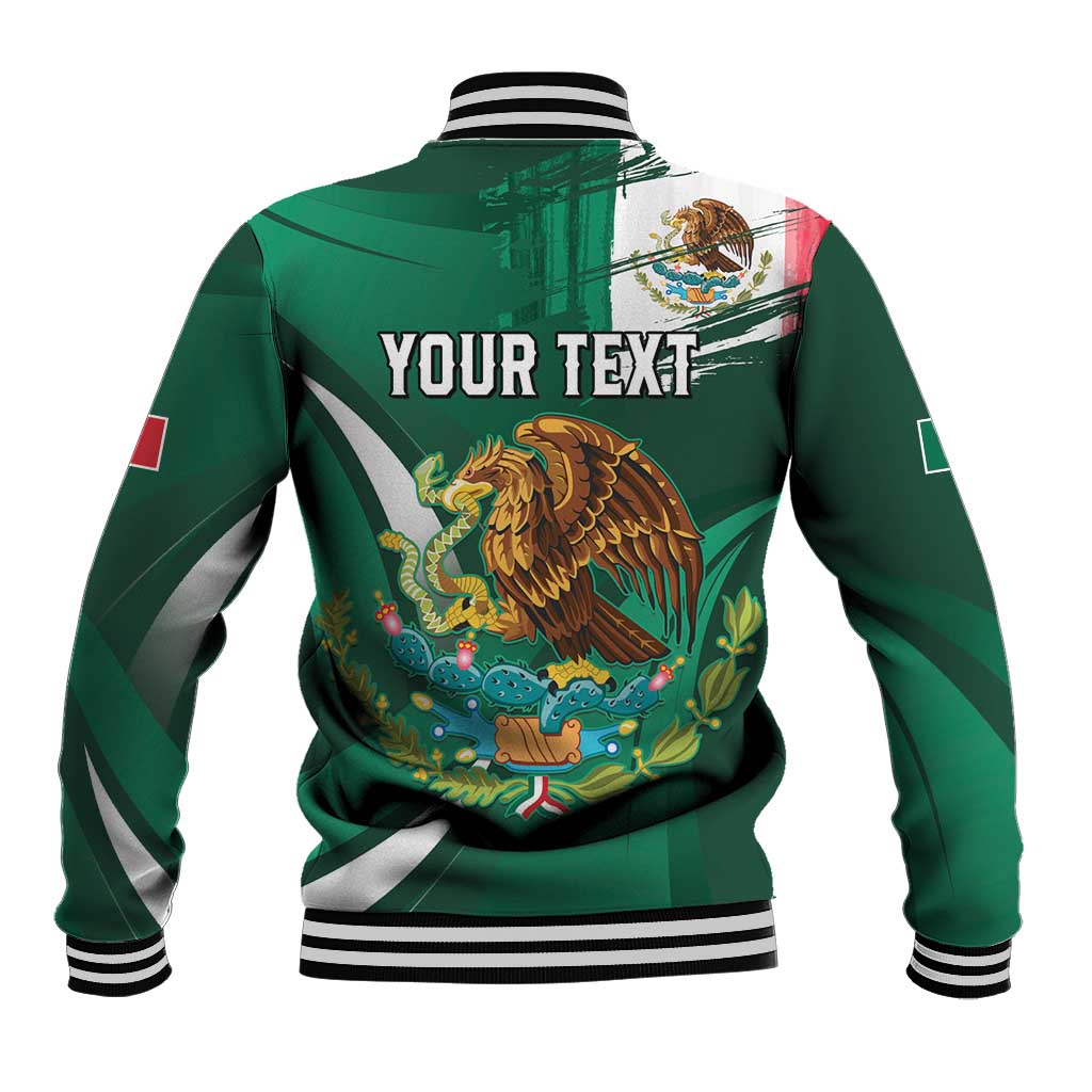 Green baseball varsity jacket back with Your Text banner, eagle and striped rib hem