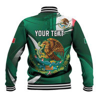 Green baseball varsity jacket back with Your Text banner, eagle and striped rib hem