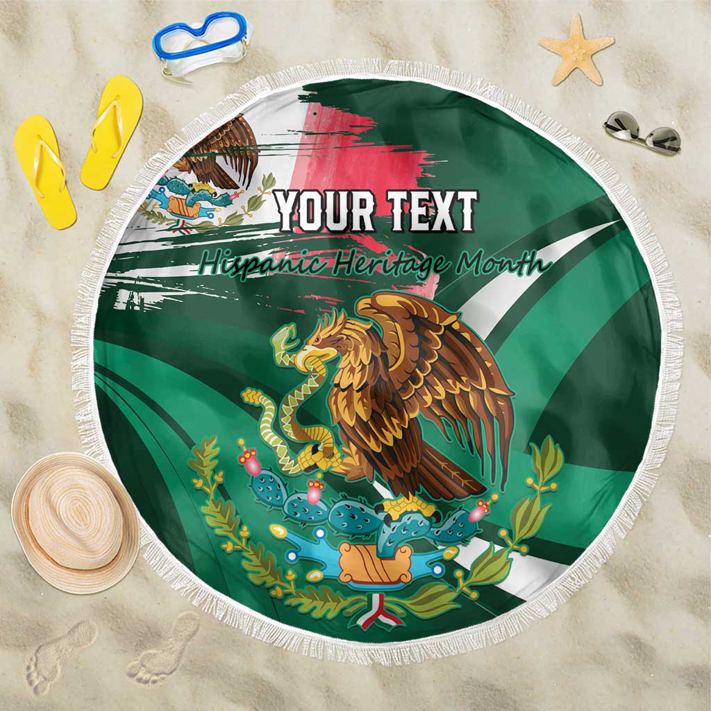 Green round beach blanket with white fringe, eagle crest and 'YOUR TEXT' area