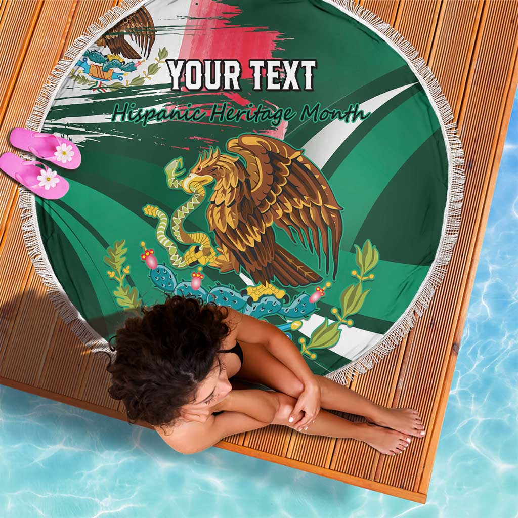 Green round beach blanket with white fringe, eagle emblem and 'YOUR TEXT' heading