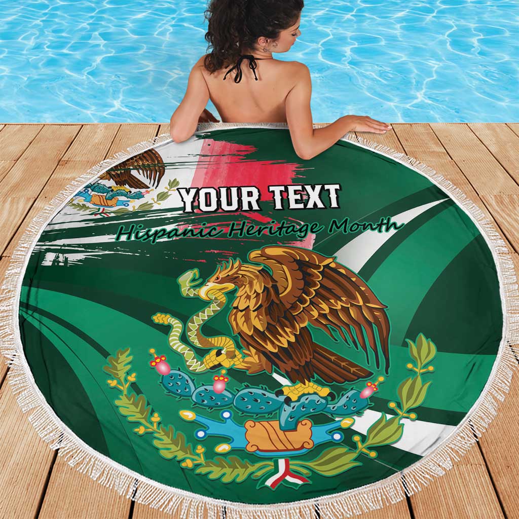 Green round beach blanket with white fringe, eagle emblem and 'YOUR TEXT' on display