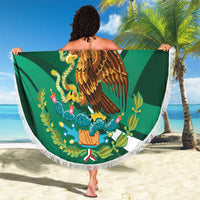 Green round beach blanket with white fringe, large eagle emblem and 'YOUR TEXT' text