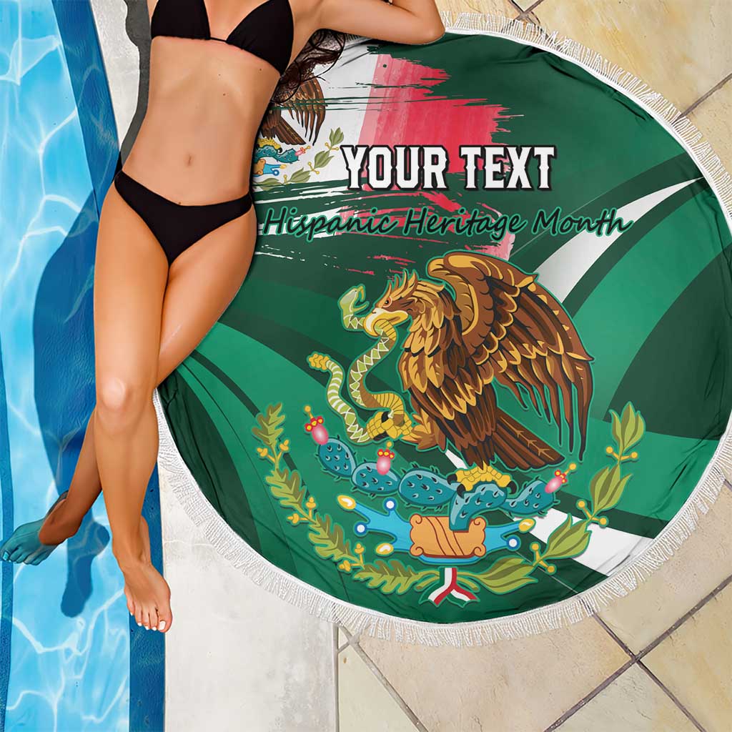 Green round beach blanket with white fringe, 'YOUR TEXT' and eagle crest