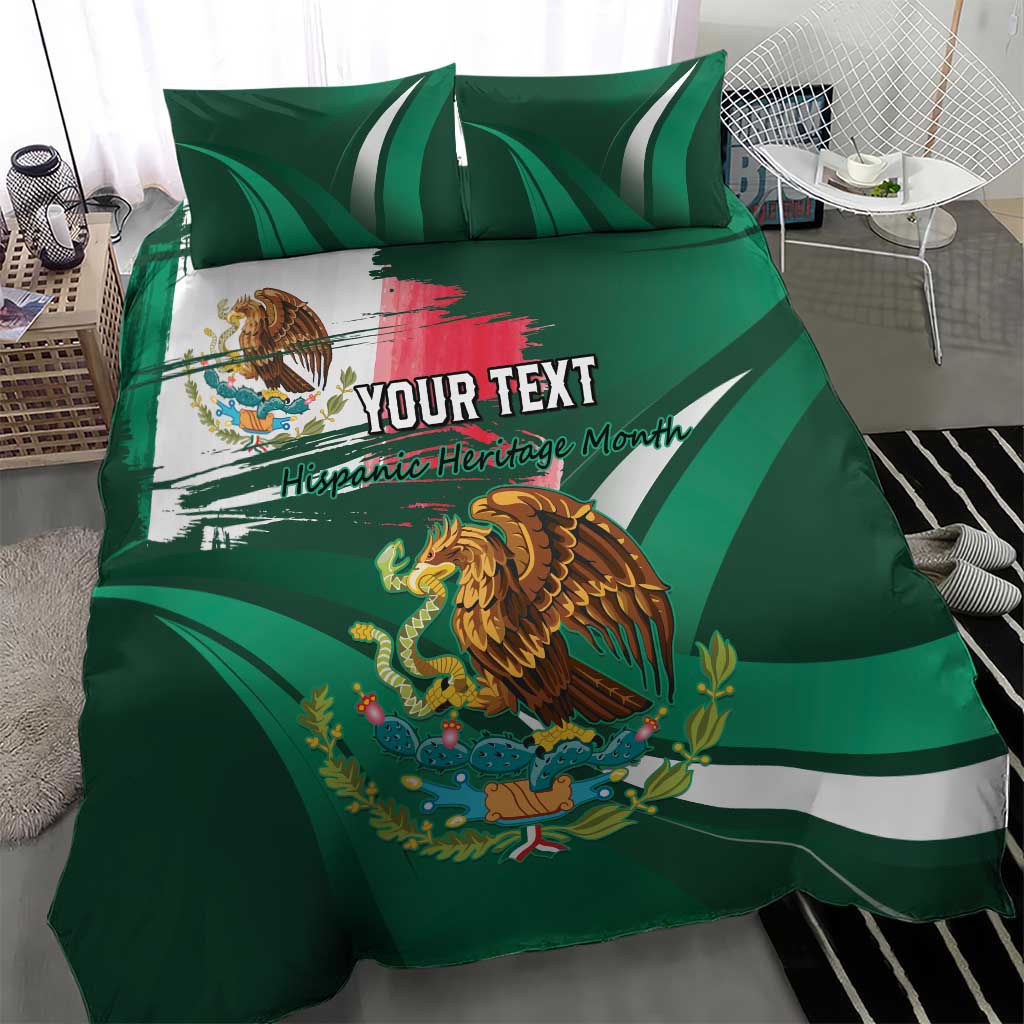 Green Mexican heritage bedding set with eagle graphic and 'YOUR TEXT' banner