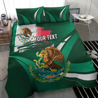 Green Mexican heritage bedding set with eagle graphic and 'YOUR TEXT' banner