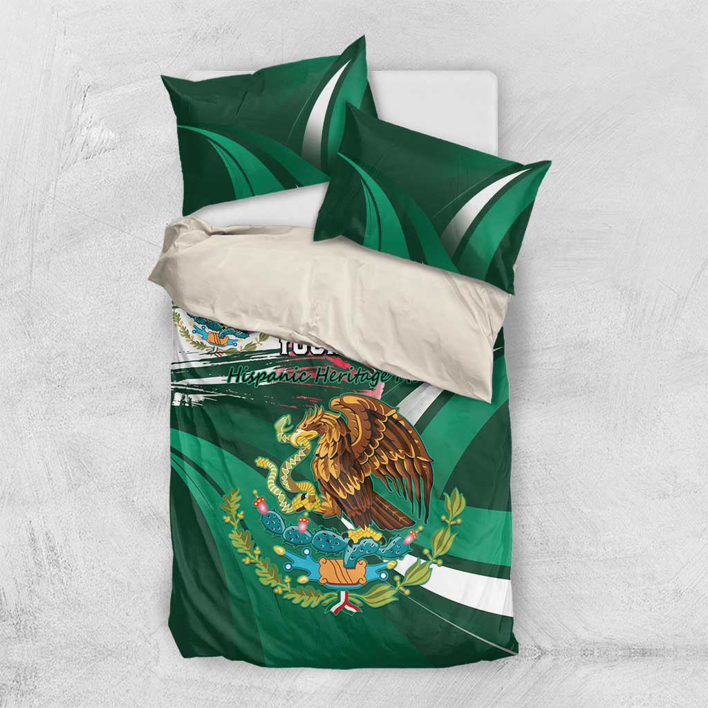 Green Mexican heritage bedding set with eagle graphic and white flag stripes