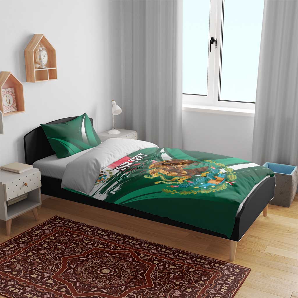 Green Mexican heritage bedding set with eagle graphic and striped flag design