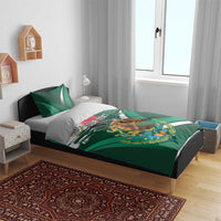 Green Mexican heritage bedding set with eagle graphic and striped flag design