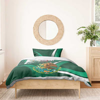 Green Mexican heritage bedding set with eagle artwork on striped flag duvet