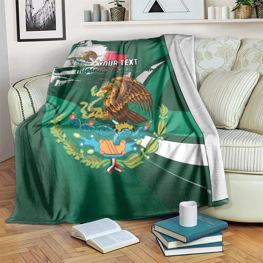 Personalized green blanket with Mexican flag stripes and eagle graphic, 'YOUR TEXT'.