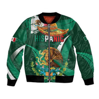 Green unisex bomber jacket with zip front, black ribbed cuffs; Mexican eagle graphic and Hispanic text