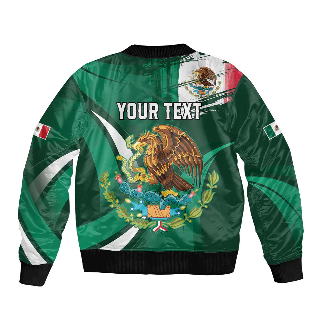 Green unisex bomber jacket back view with zip front, black ribbed hem; eagle graphic and YOUR TEXT