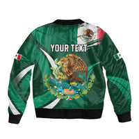 Green unisex bomber jacket back view with zip front, black ribbed hem; eagle graphic and YOUR TEXT